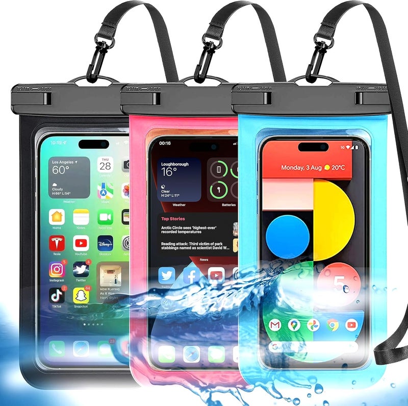 Famoby Up to 8.3" 3 Pack Multicolor Universal Waterproof Phone Pouch, Large Phone Waterproof Case Dry Bag,Protection Level: IP68,Outdoor Sports for Apple iPhone,Samsung,and More,Black,Blue,Pink - Image 1